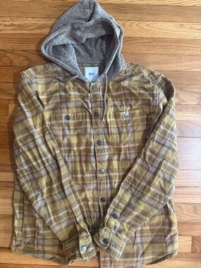 Katin Plaid Button-Up Shirt Jacket in Mustard Brow. Small white spot. Size large